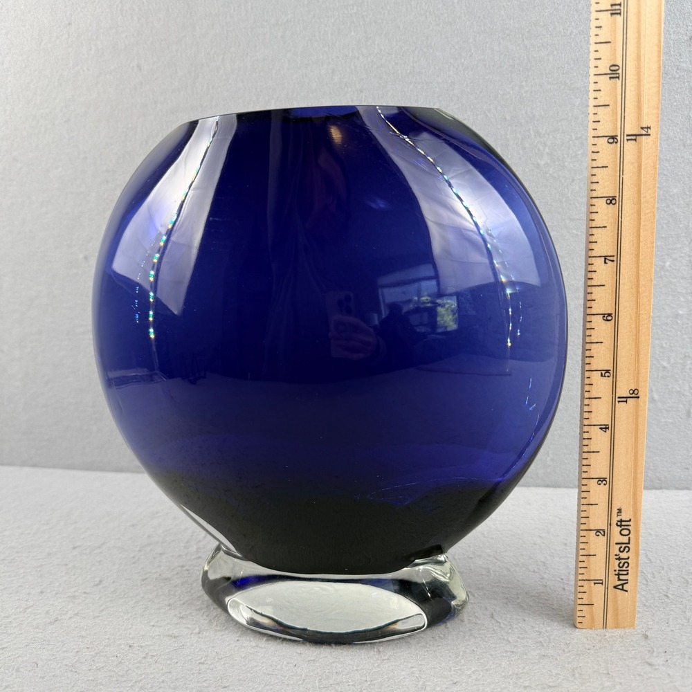 Cobalt Blue Vintage Art Glass Vase 10" Large MCM Oblique Asymmetrical Form - Picture 10 of 11
